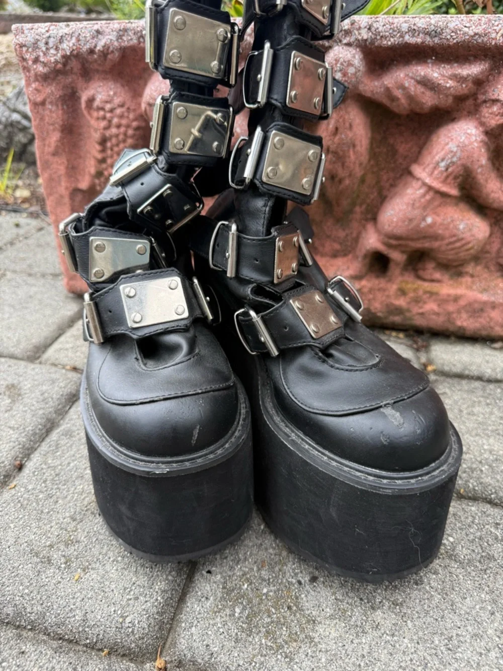 Black Platform Studded Buckle Boots - Women